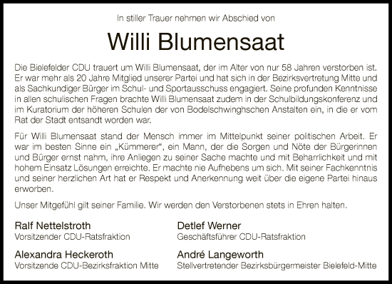 Traueranzeige von Willi Blumensaat von Neue Westfälische