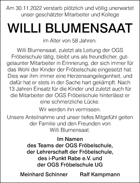 Traueranzeige von Willi Blumensaat von Neue Westfälische