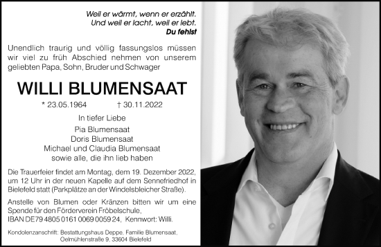 Traueranzeige von Willi Blumensaat von Neue Westfälische