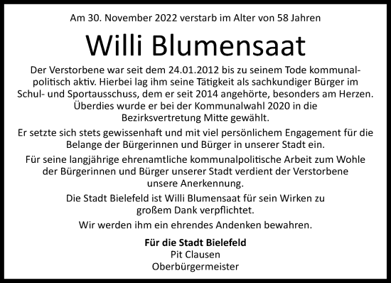 Traueranzeige von Willi Blumensaat von Neue Westfälische