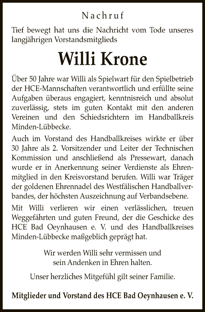  Traueranzeige für Willi Krone vom 20.12.2022 aus Neue Westfälische
