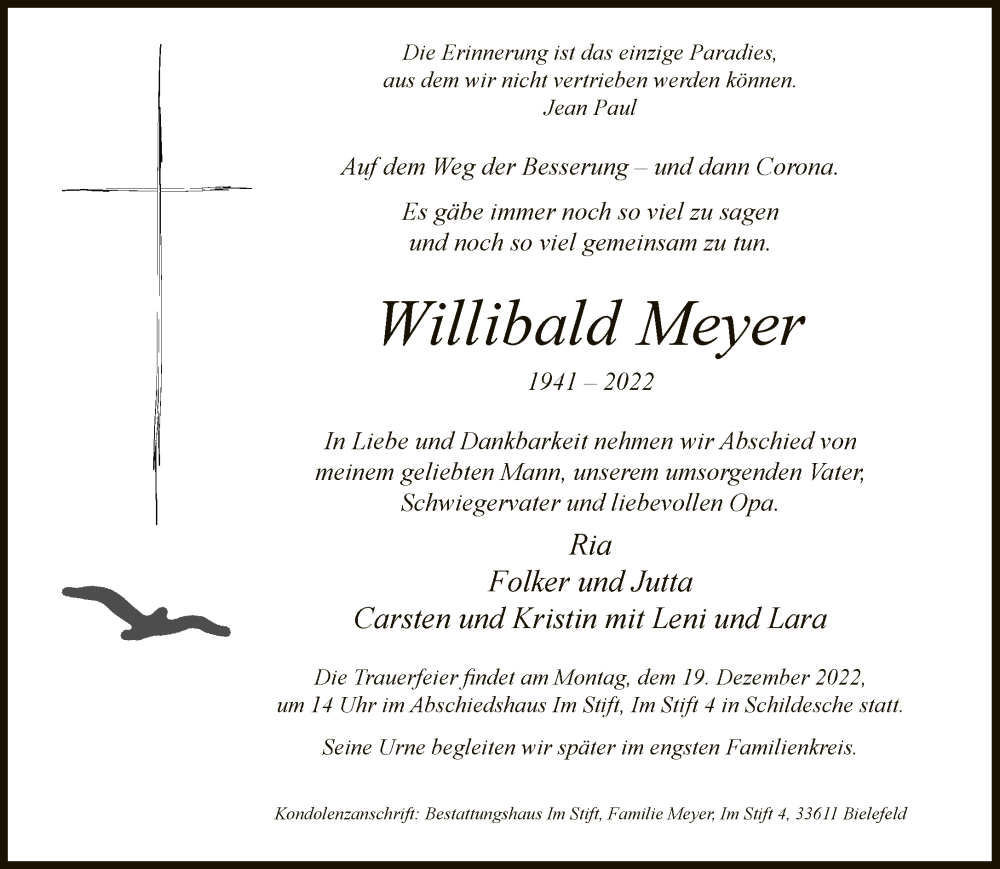  Traueranzeige für Willibald Meyer vom 14.12.2022 aus Neue Westfälische