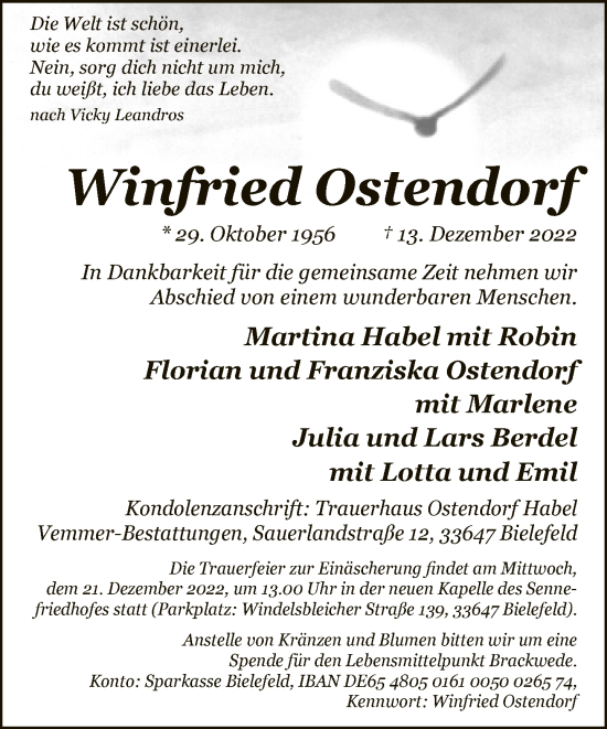 Traueranzeige von Winfried Ostendorf von Neue Westfälische