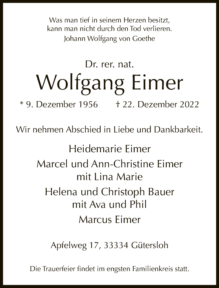  Traueranzeige für Wolfgang Eimer vom 30.12.2022 aus Neue Westfälische