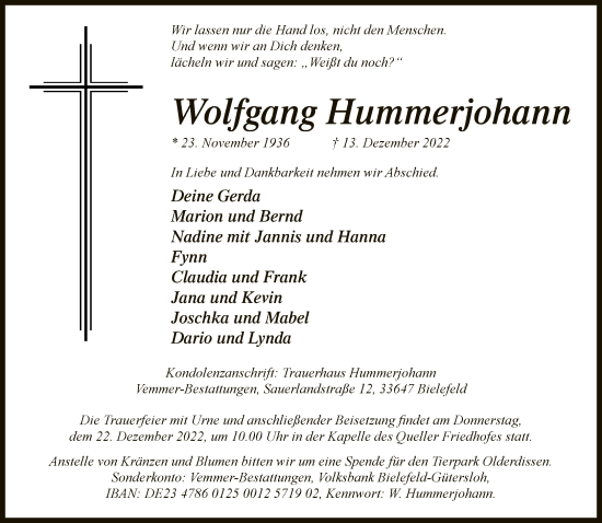 Traueranzeige von Wolfgang Hummerjohann von Neue Westfälische
