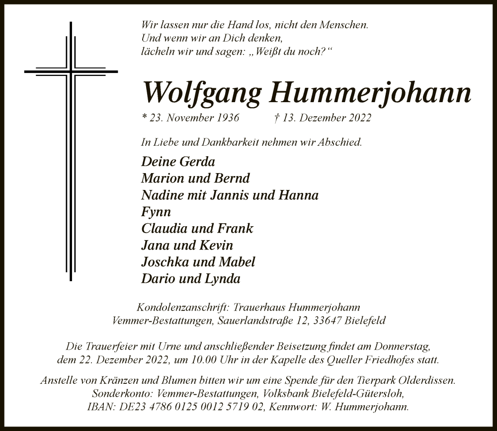  Traueranzeige für Wolfgang Hummerjohann vom 17.12.2022 aus Neue Westfälische