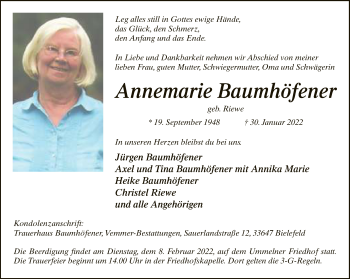 Traueranzeige von Annemarie Baumhöfener von Neue Westfälische
