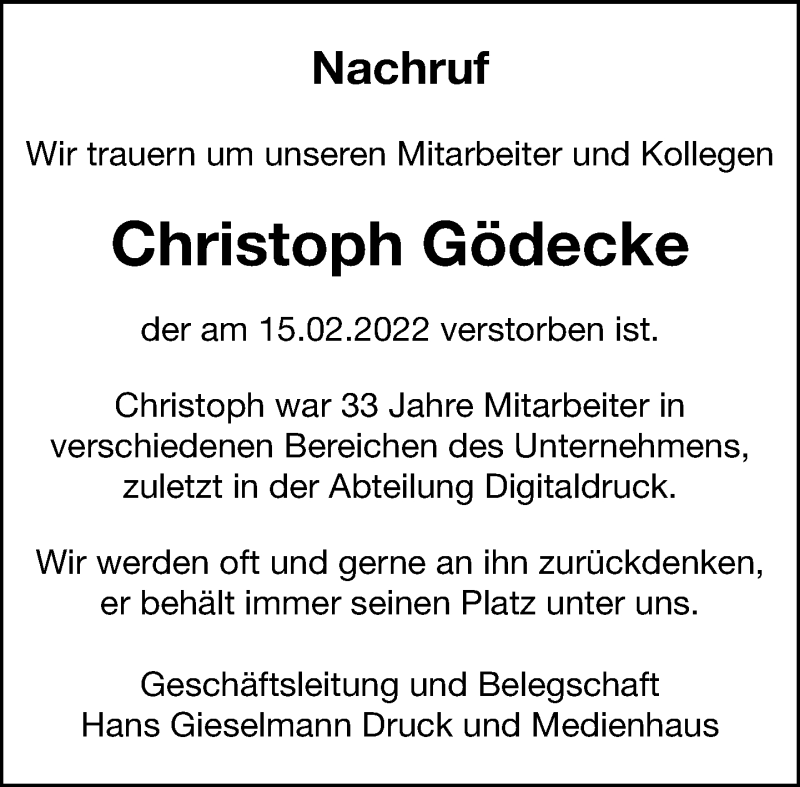  Traueranzeige für Christoph Gödecke vom 26.02.2022 aus Neue Westfälische