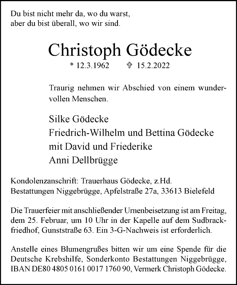  Traueranzeige für Christoph Gödecke vom 19.02.2022 aus Neue Westfälische