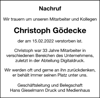 Traueranzeige von Christoph Gödecke