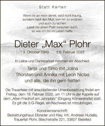 Traueranzeige von Dieter Plohr von Neue Westfälische