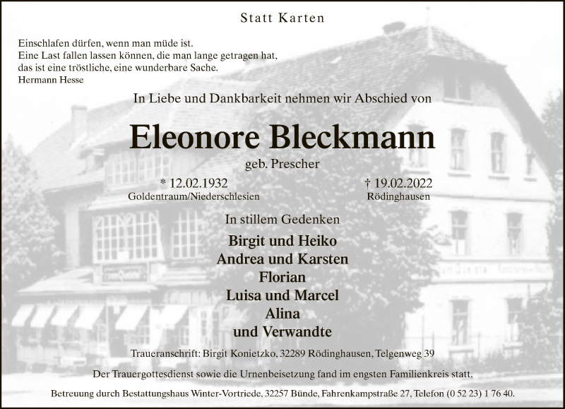  Traueranzeige für Eleonore Bleckmann vom 26.02.2022 aus Neue Westfälische