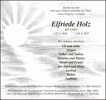 Traueranzeige von Elfriede Holz von Neue Westfälische