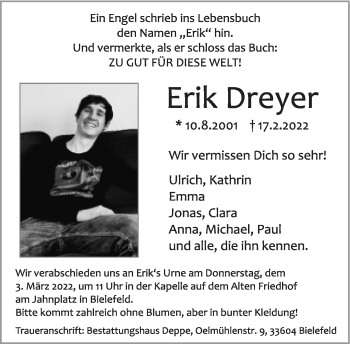 Traueranzeige von Erik Dreyer von Neue Westfälische