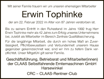 Traueranzeige von Erwin Tophinke von Neue Westfälische