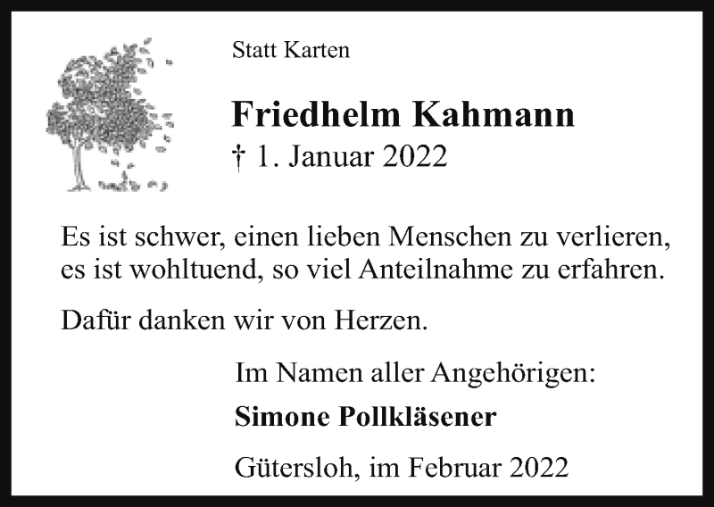  Traueranzeige für Friedhelm kahmann vom 23.02.2022 aus Neue Westfälische