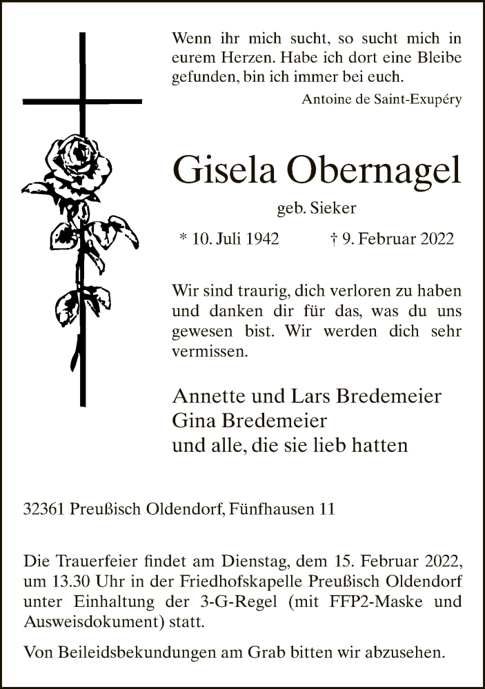  Traueranzeige für Gisela Obernagel vom 11.02.2022 aus Neue Westfälische
