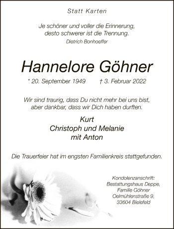 Traueranzeige von Hannelore Göhner von Neue Westfälische
