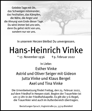 Traueranzeige von Hans-Heinrich Vinke