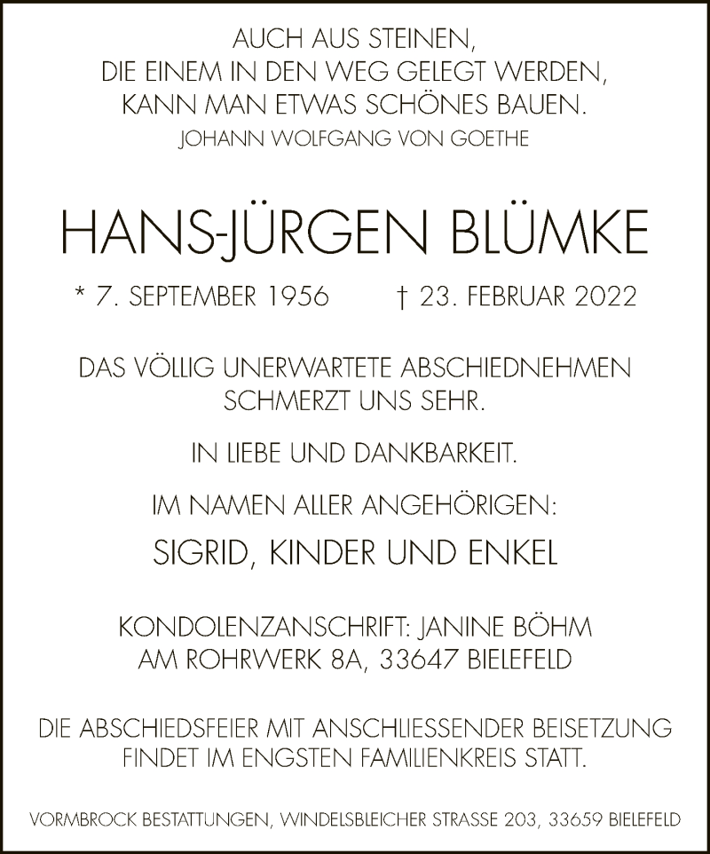  Traueranzeige für Hans-Jürgen Blümke vom 26.02.2022 aus Neue Westfälische