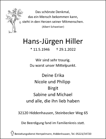 Traueranzeige von Hans-Jürgen Hiller von Neue Westfälische