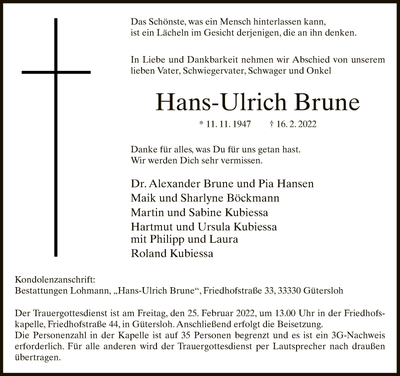  Traueranzeige für Hans-Ulrich Brune vom 22.02.2022 aus Neue Westfälische