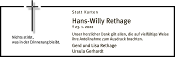 Traueranzeige von Hans-Willy Rethage von Neue Westfälische