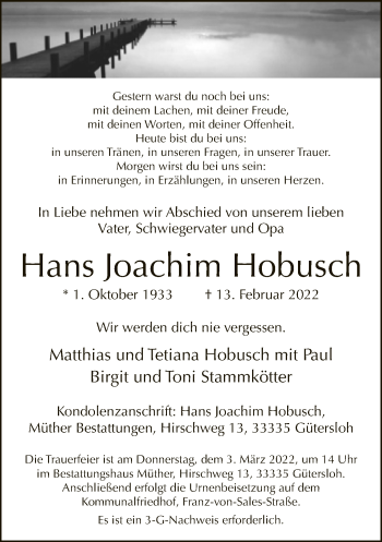 Traueranzeige von Hans Joachim Hobusch von Neue Westfälische