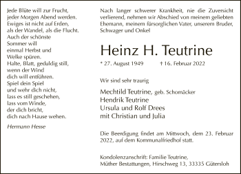 Traueranzeige von Heinz H. Teutrine von Neue Westfälische