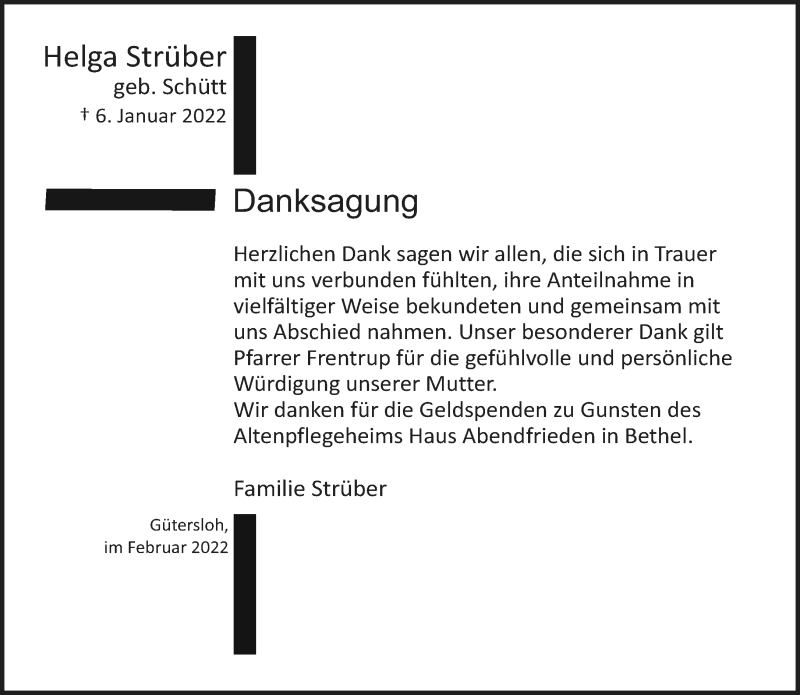  Traueranzeige für Helga Strüber vom 08.02.2022 aus Neue Westfälische