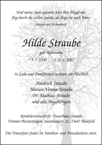 Traueranzeige von Hilde Straube von Neue Westfälische