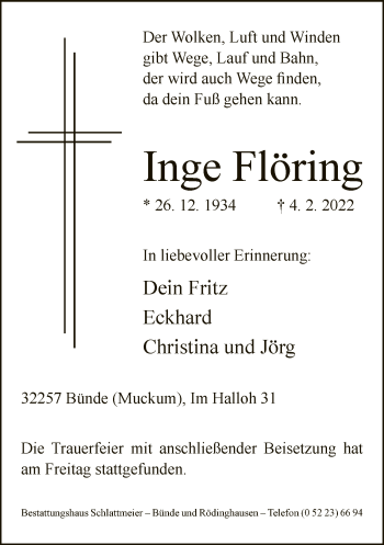 Traueranzeige von Inge Flöring von Neue Westfälische