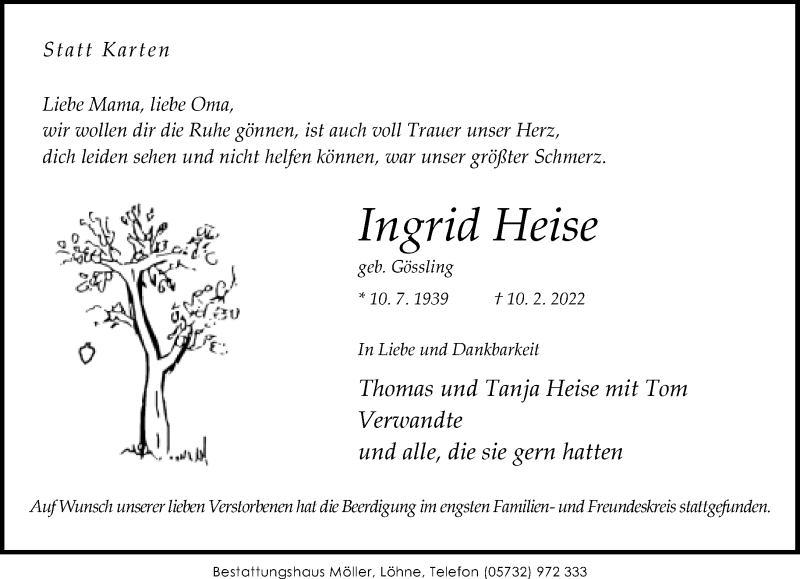  Traueranzeige für Ingrid Heise vom 19.02.2022 aus Neue Westfälische