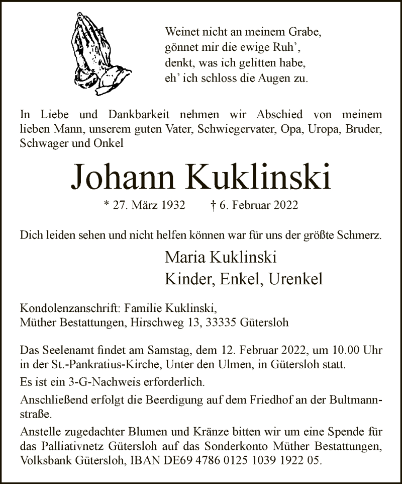 Traueranzeige für Johann Kuklinski vom 09.02.2022 aus Neue Westfälische