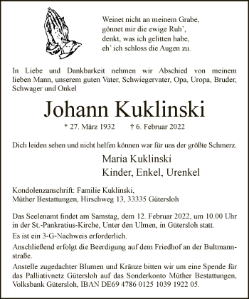 Traueranzeige von Johann Kuklinski von Neue Westfälische