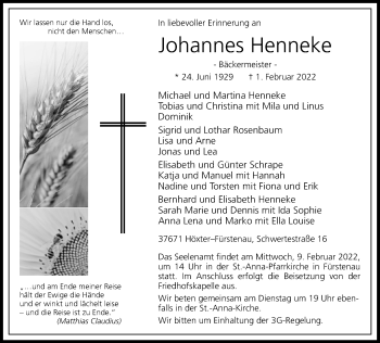 Traueranzeige von Johannes Henneke von Neue Westfälische
