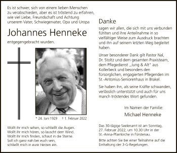 Traueranzeige von Johannes Henneke von Neue Westfälische