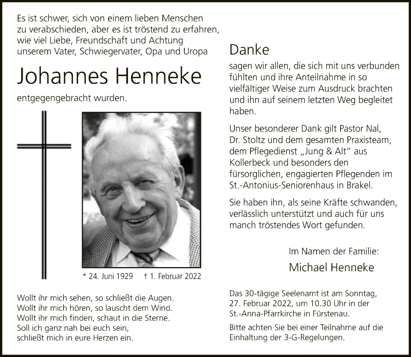  Traueranzeige für Johannes Henneke vom 19.02.2022 aus Neue Westfälische