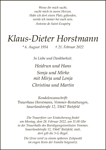 Traueranzeige von Klaus-Dieter Horstmann von Neue Westfälische