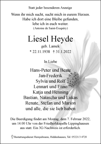 Traueranzeige von Liesel Heyde von Neue Westfälische