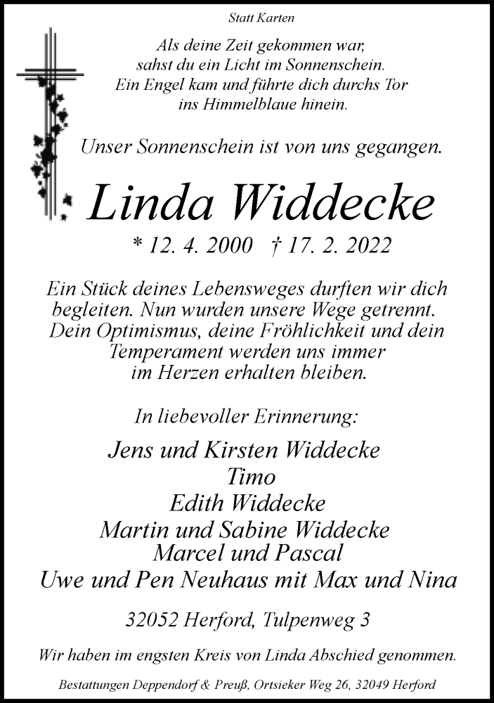  Traueranzeige für Linda Widdecke vom 26.02.2022 aus Neue Westfälische