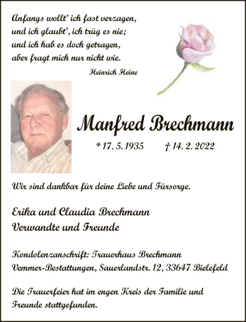 Traueranzeige von Manfred Brechmann von Neue Westfälische