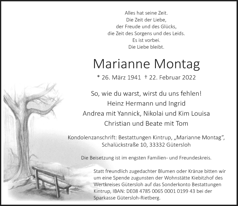  Traueranzeige für Marianne Montag vom 25.02.2022 aus Neue Westfälische