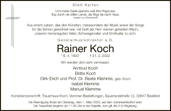 Traueranzeige von Rainer Koch von Neue Westfälische
