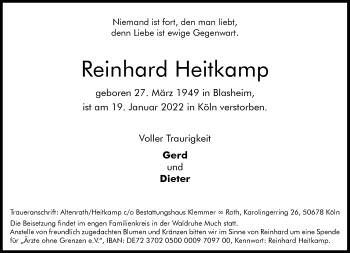 Traueranzeige von Reinhard Heitkamp von Neue Westfälische