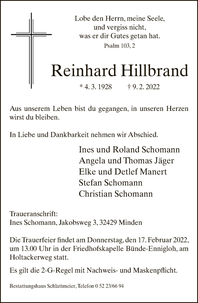  Traueranzeige für Reinhard Hillbrand vom 12.02.2022 aus Neue Westfälische