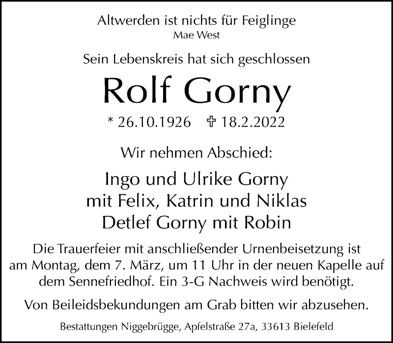  Traueranzeige für Rolf Gorny vom 26.02.2022 aus Neue Westfälische