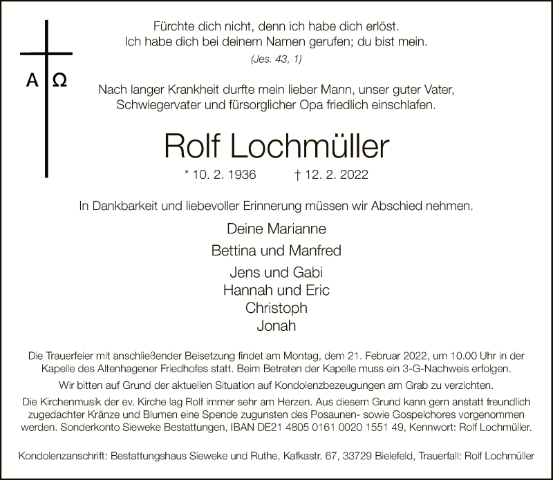  Traueranzeige für Rolf Lochmüller vom 16.02.2022 aus Neue Westfälische