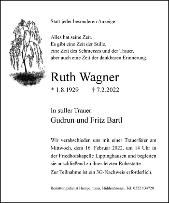 Traueranzeige von Ruth Wagner von Neue Westfälische