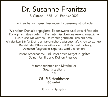 Traueranzeige von Susanne Franitza von Neue Westfälische